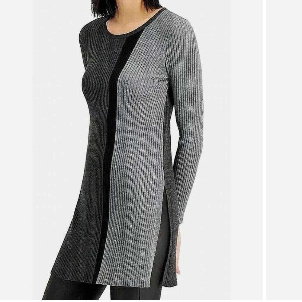 Alfani Color Block Charcoal, Gray & Black Sweater Tunic with Side Slits …